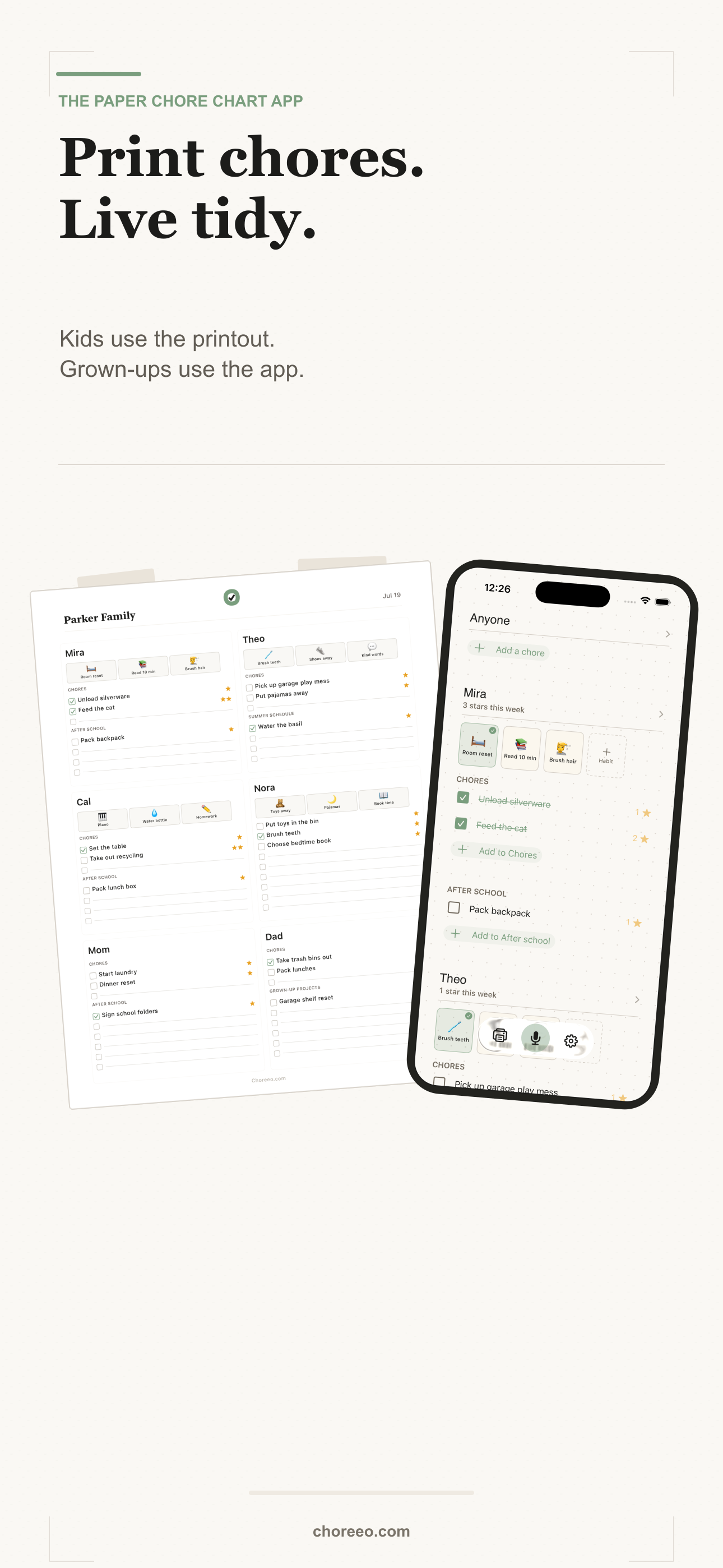 A Choreeo App Store composition showing a printed family chart beside the native grown-up app.