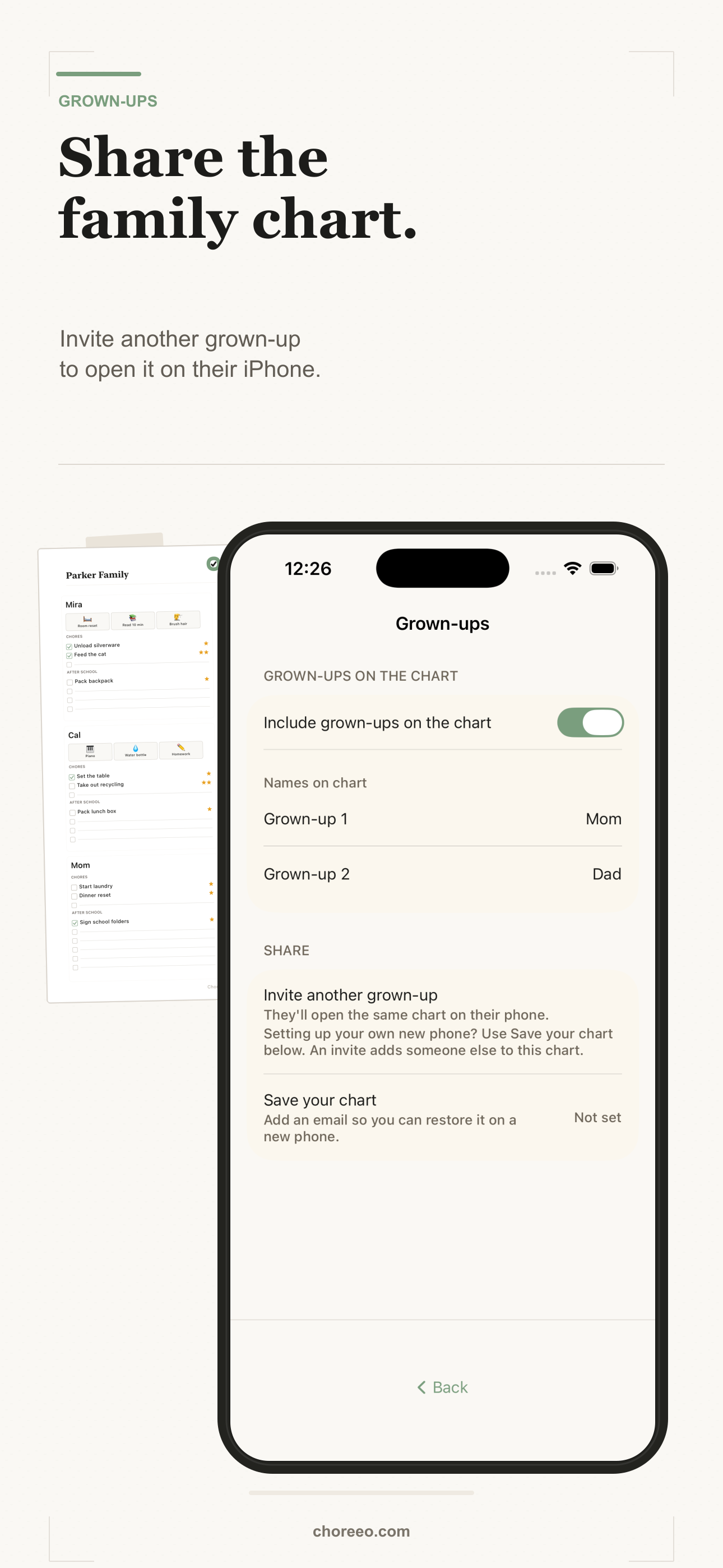 A Choreeo App Store composition showing the grown-up sharing flow for one family chart.