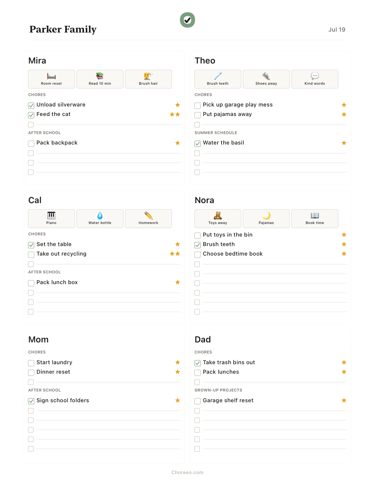 A printable Choreeo family chart with routines, chores, checkboxes, and star totals.