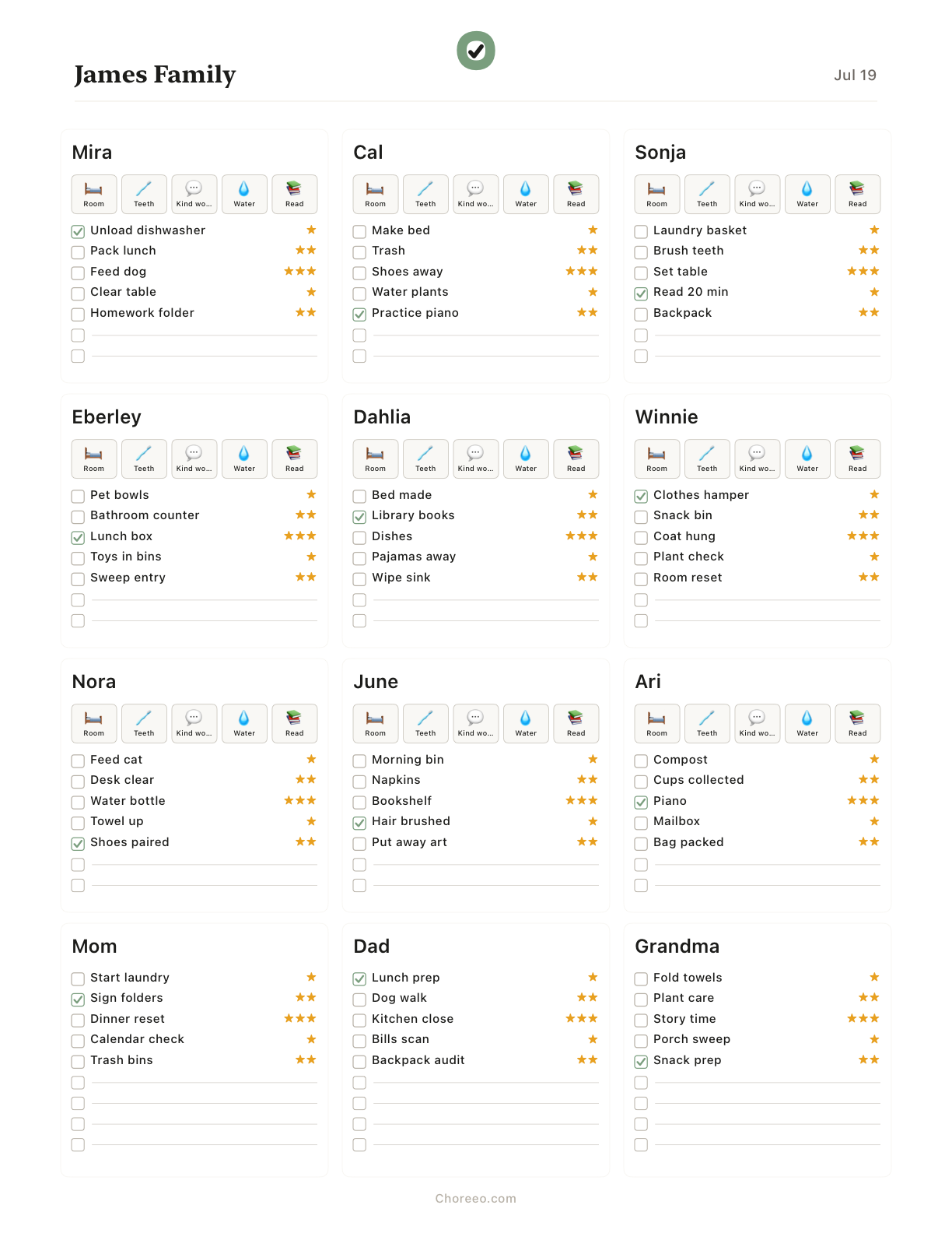A printable Choreeo family chart for a large household, laid out on one readable page.