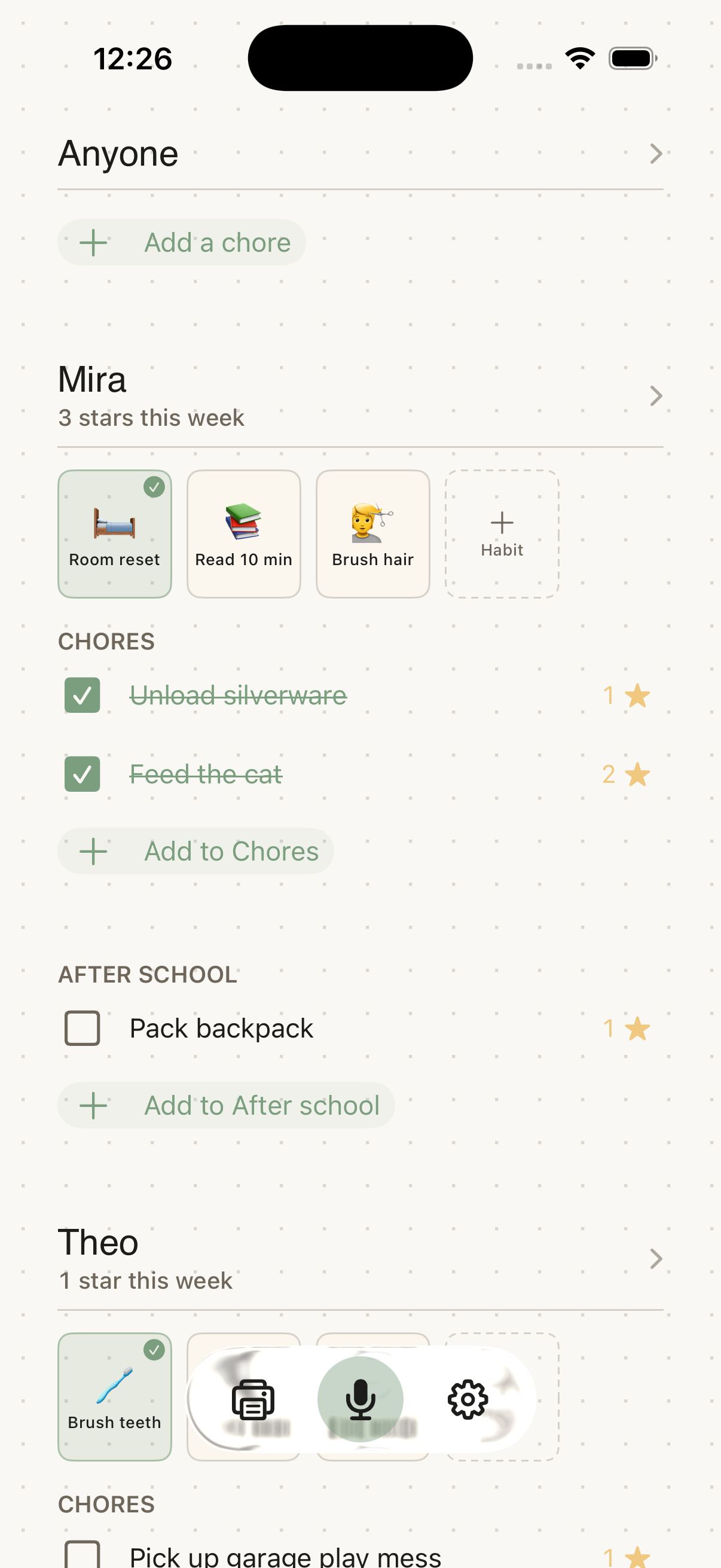 The Choreeo family chart in the grown-up iPhone app.