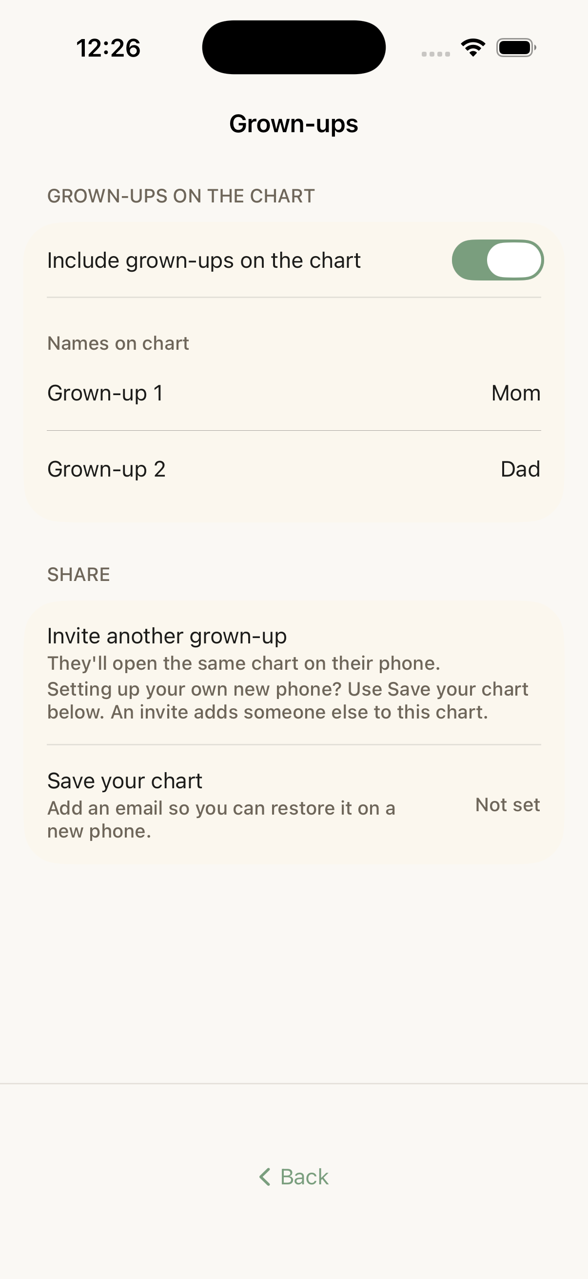 The Choreeo iPhone Grown-ups screen for sharing a family chart.