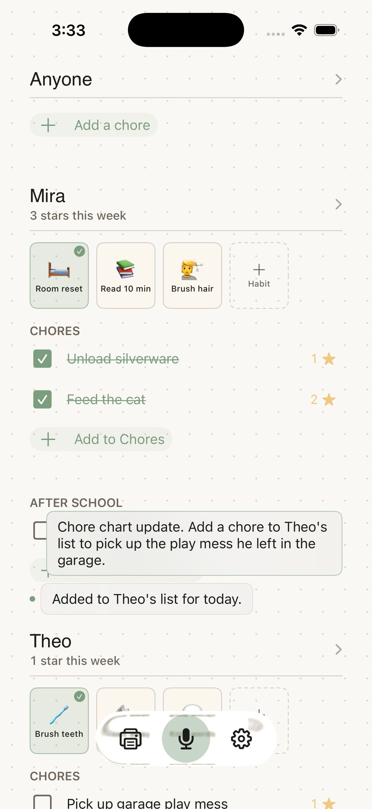 The native Choreeo iPhone app confirming a spoken chore update.