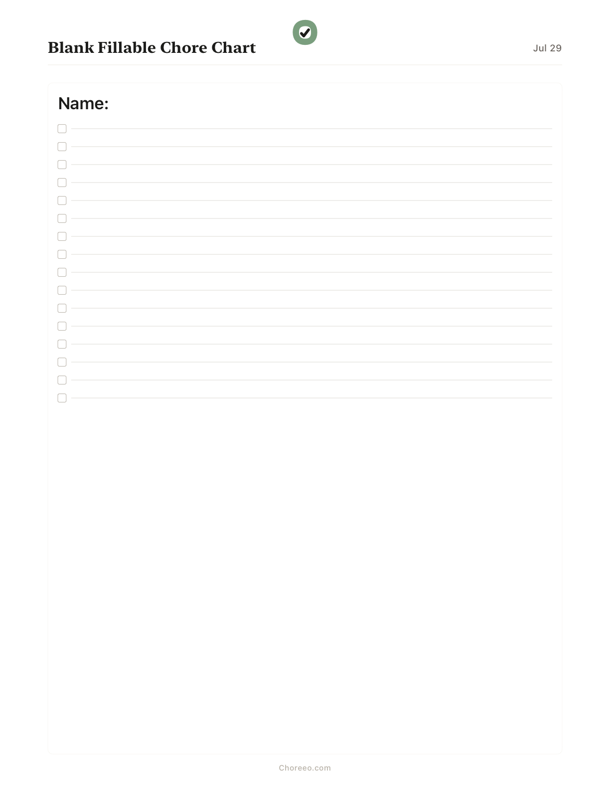 Preview of Blank fillable chore chart