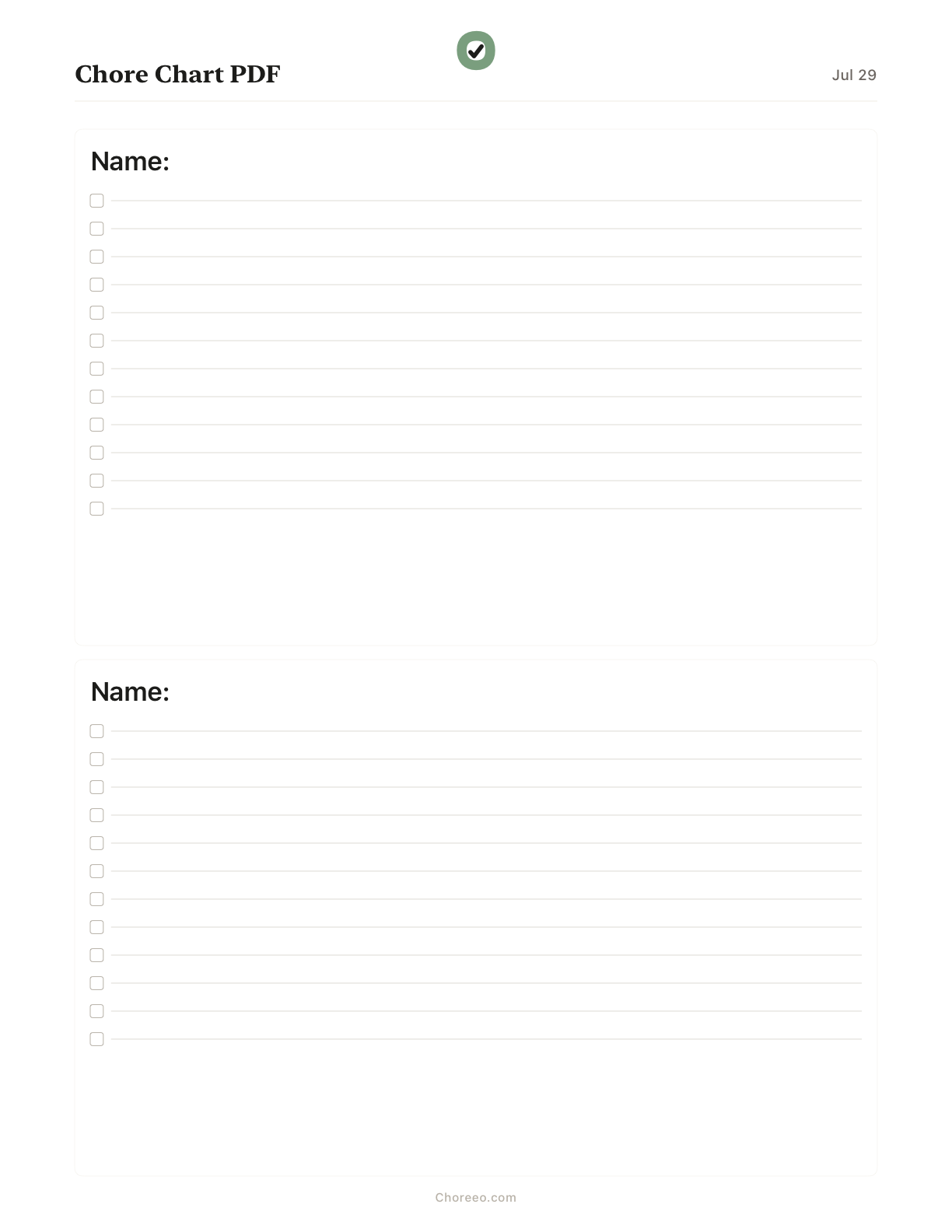Preview of Chore chart PDF (US Letter)