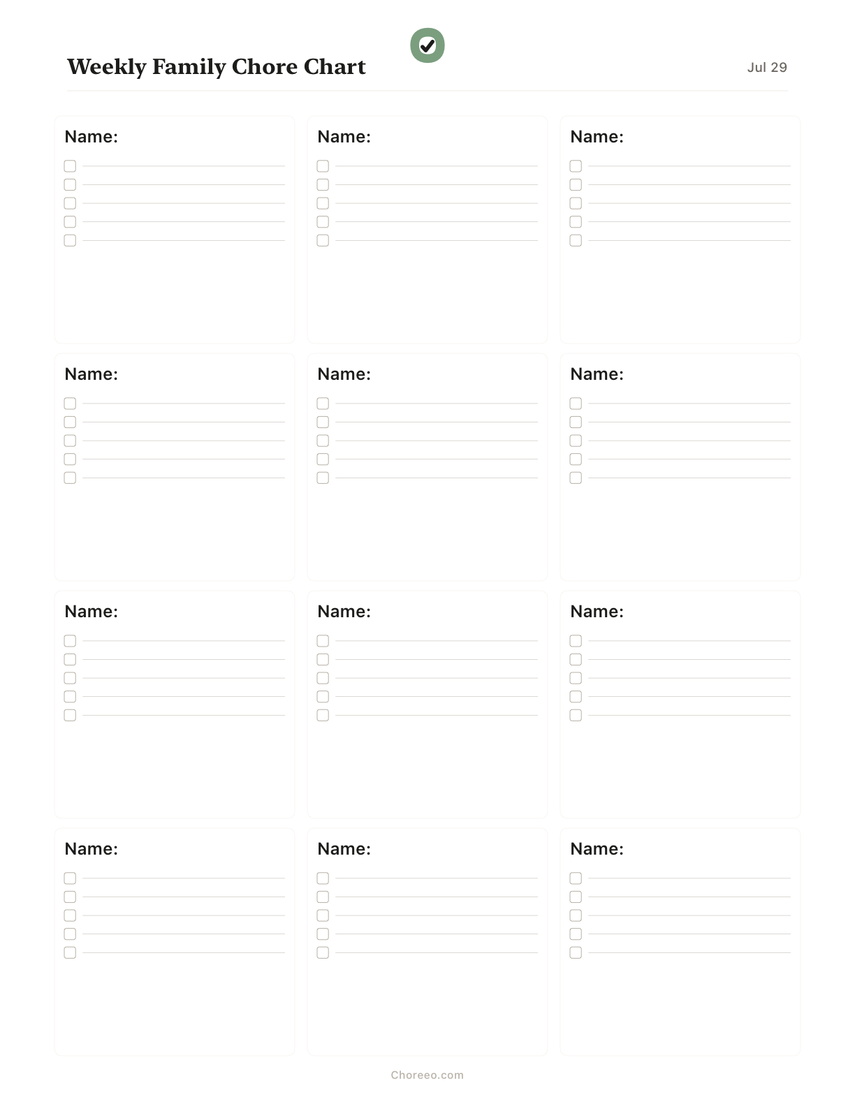 Preview of Weekly chore chart for 12 family members