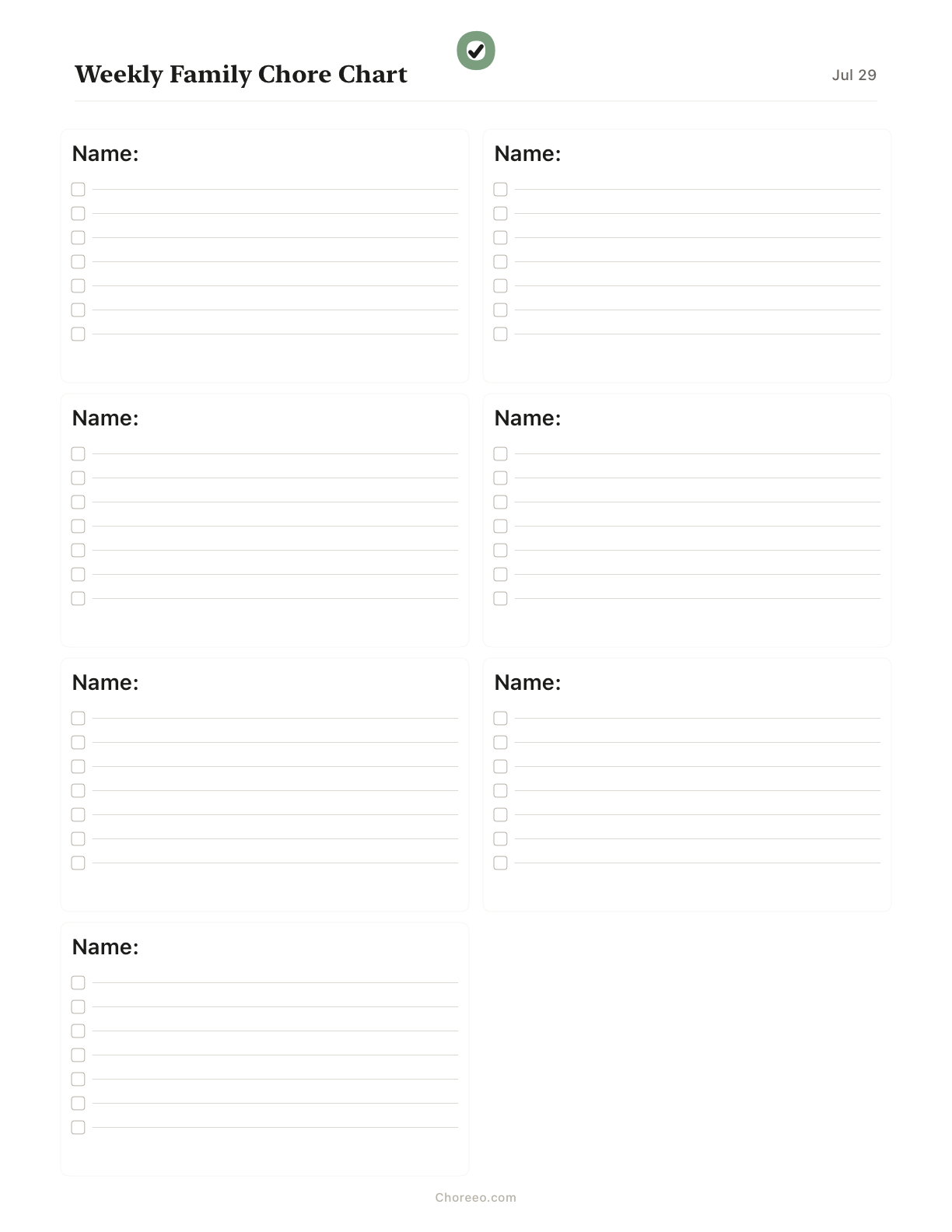 Preview of Weekly chore chart for 7 family members