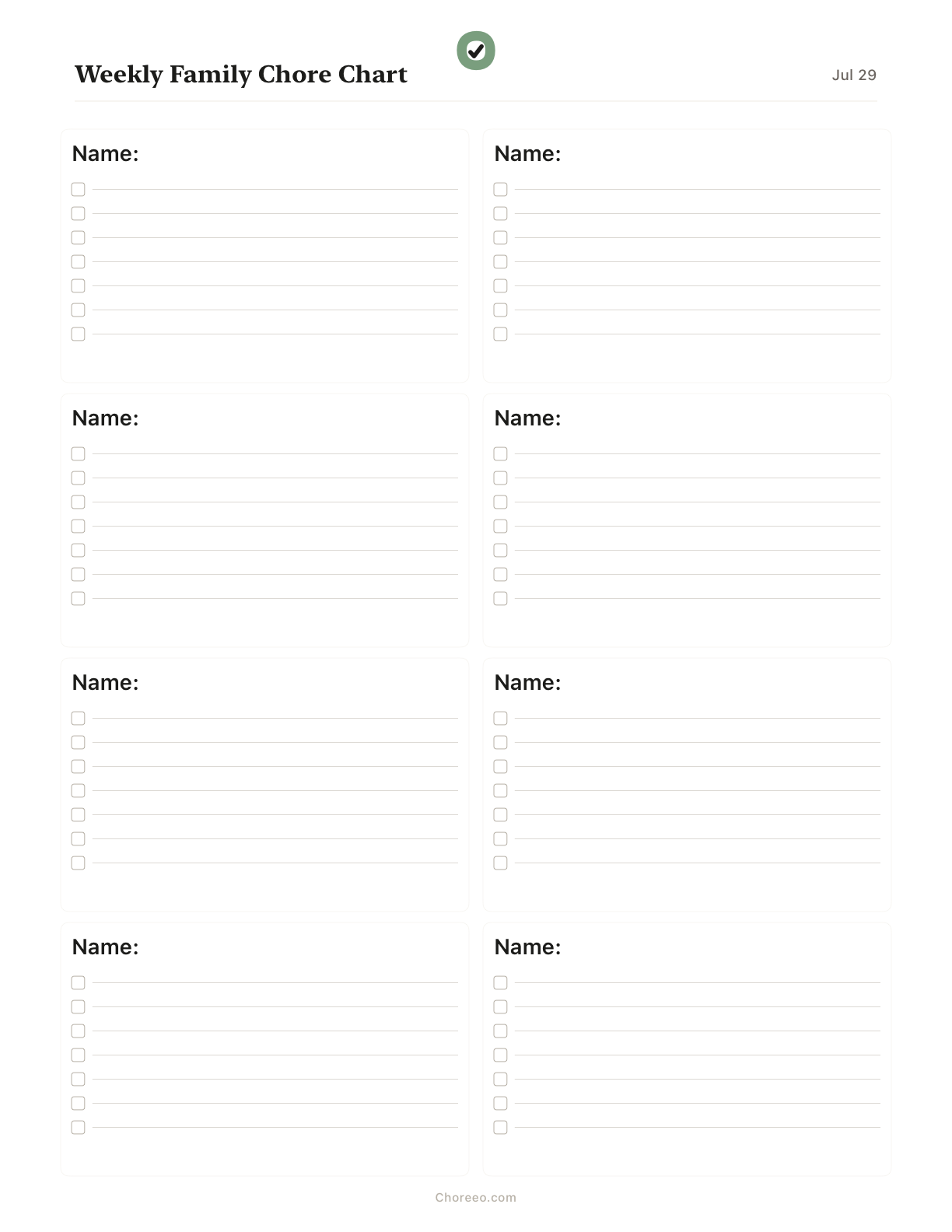 Preview of Weekly chore chart for 8 family members